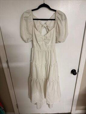 Mustard Seed Cream Puff-Sleeve Tiered Midi Dress with Bow Back